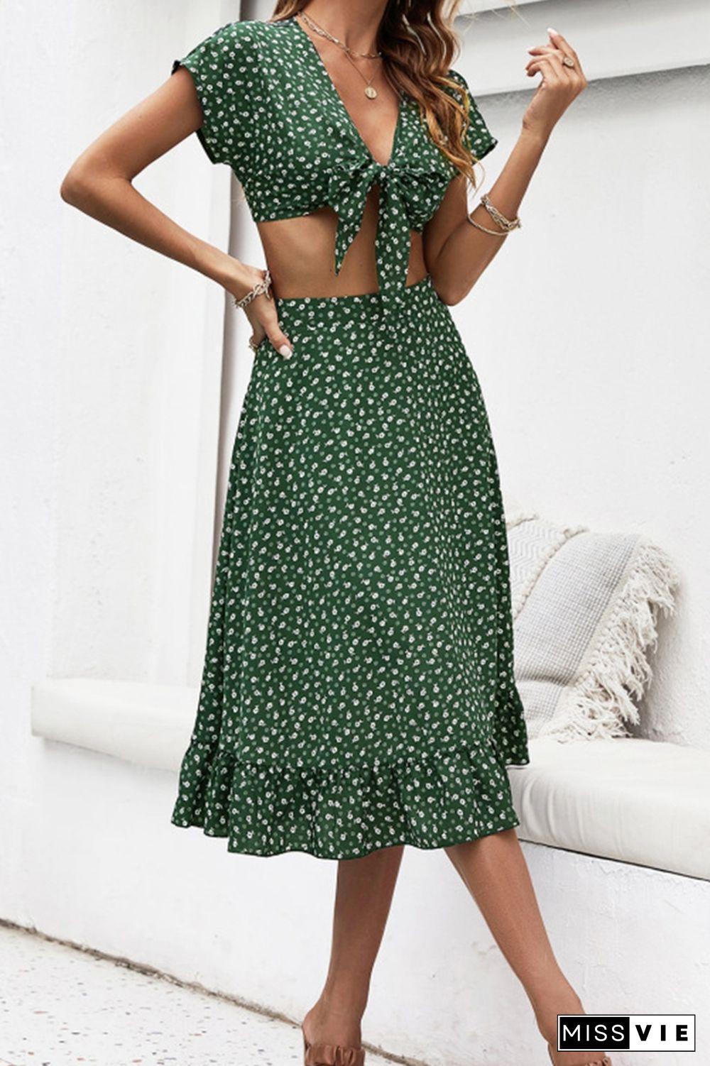 Floral V-neck Bow Top + Skirt Two-piece Set Wholesale