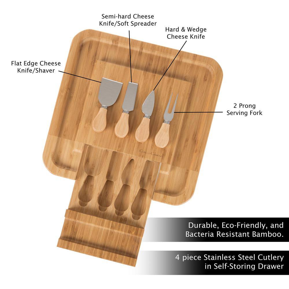 Classic Cuisine 4-Piece Bamboo Cheese Serving Tray Set with Stainless Steel Cutlery HW031054