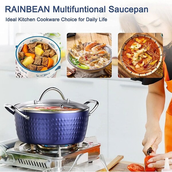 3.7 Quart Cooking Soup Pot with Lid， Round Small Nonstick Soup Pot 3.3 L with Lid， Blue Nonstick Induction Stock Pot