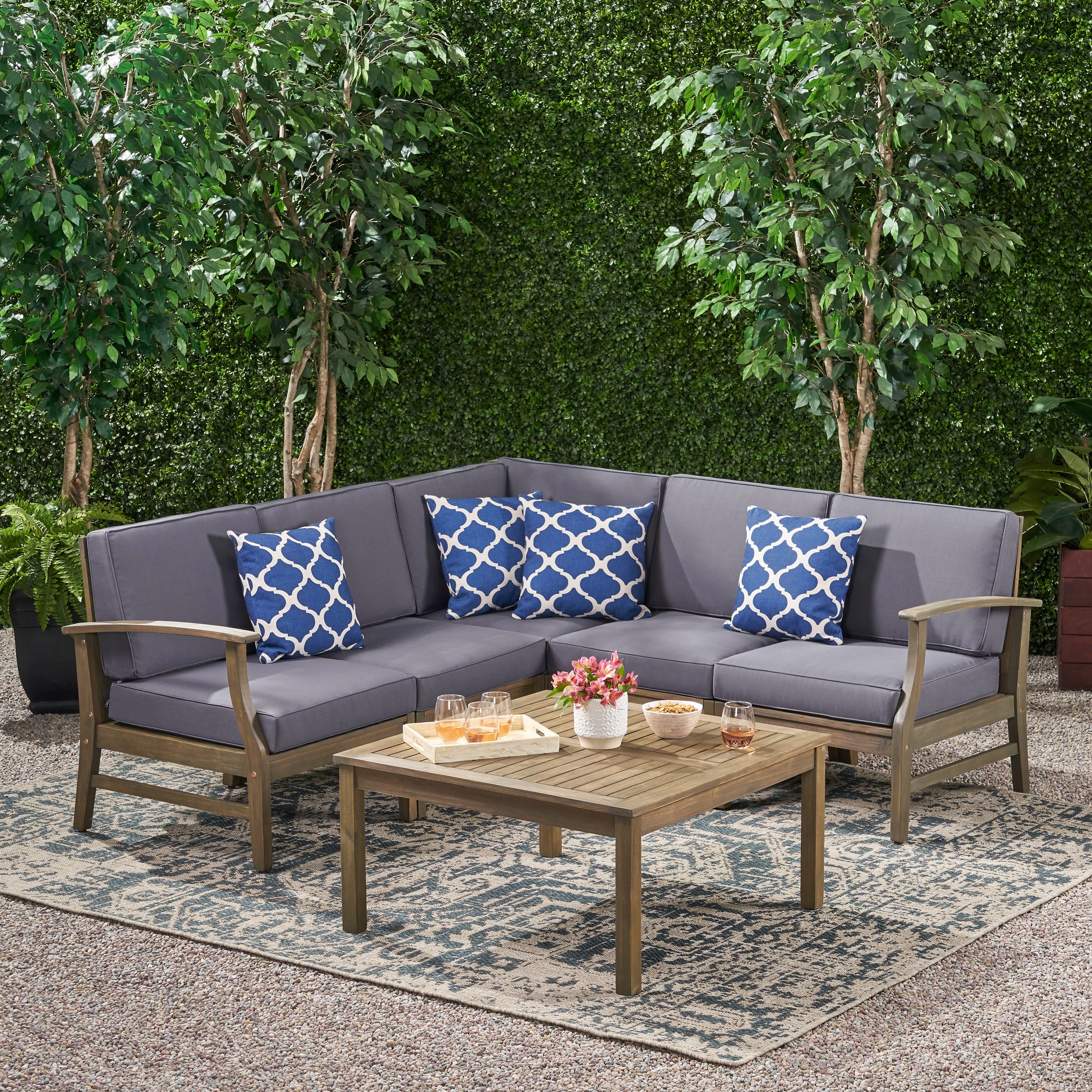 Martina Outdoor 6 Piece Acacia Wood Sectional Sofa and Coffee Table Set