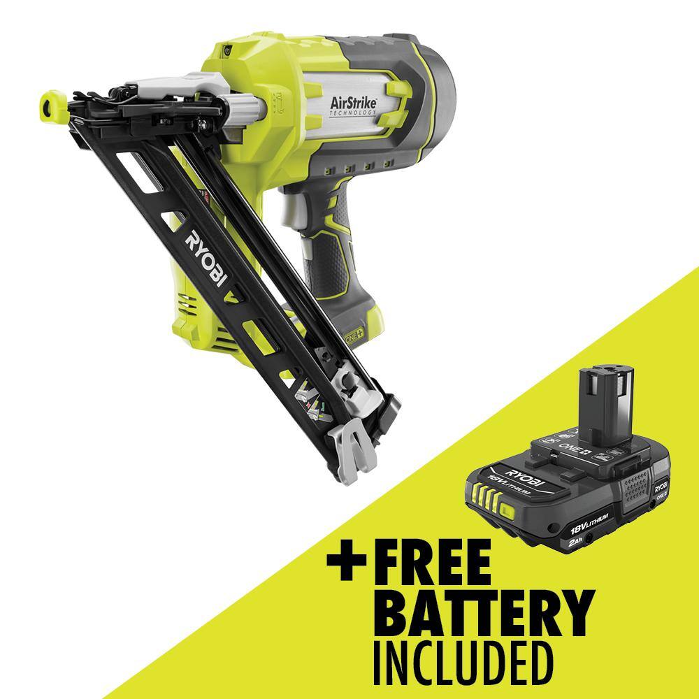 RYOBI ONE+ 18V Cordless AirStrike 15-Gauge Angled Finish Nailer with Sample Nails and 2.0 Ah Lithium-Ion Battery P330-PBP006