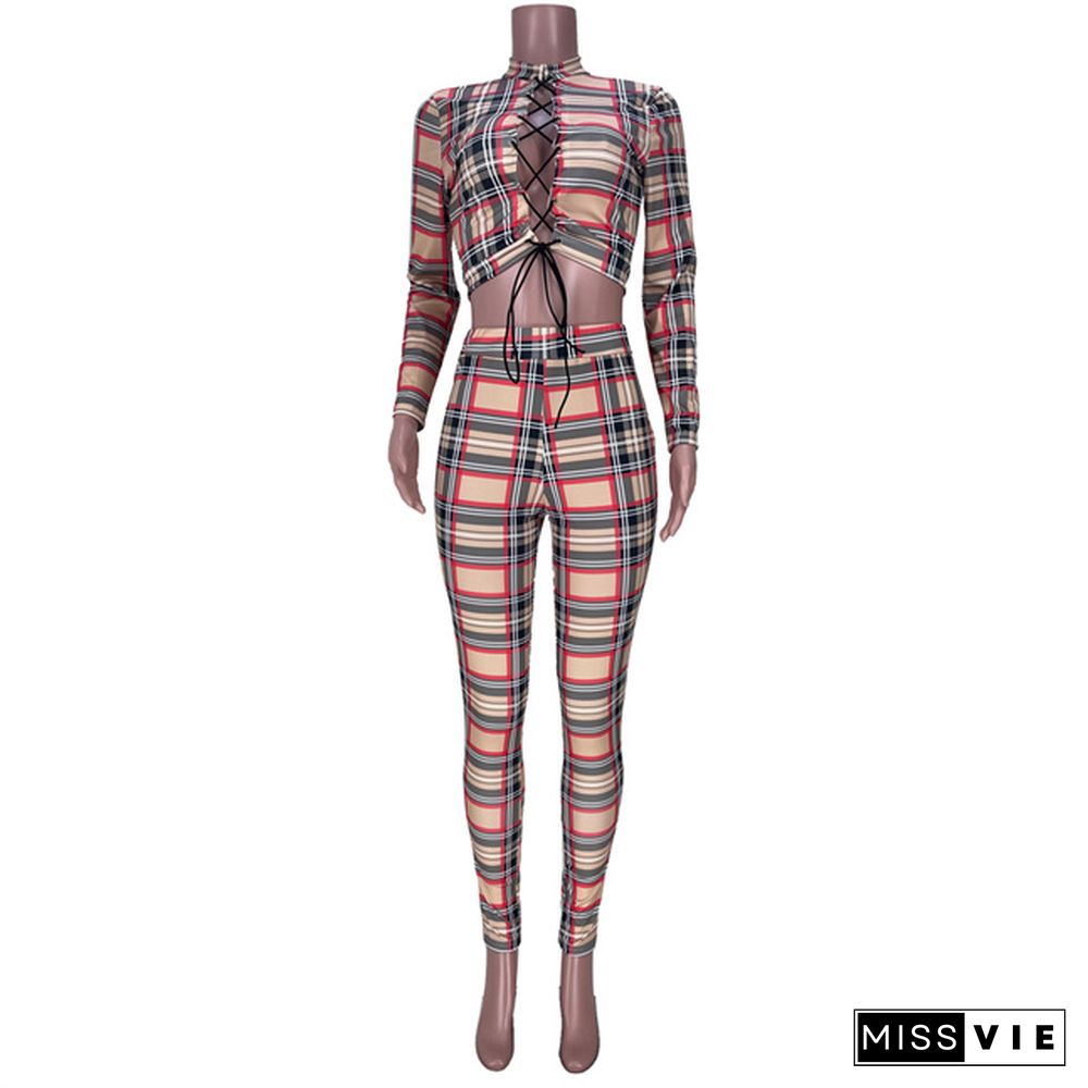 Autumn New Women Plaid Print Bandage Long Sleeve Sexy Crop Top Streetwear 2 Piece Pants Set