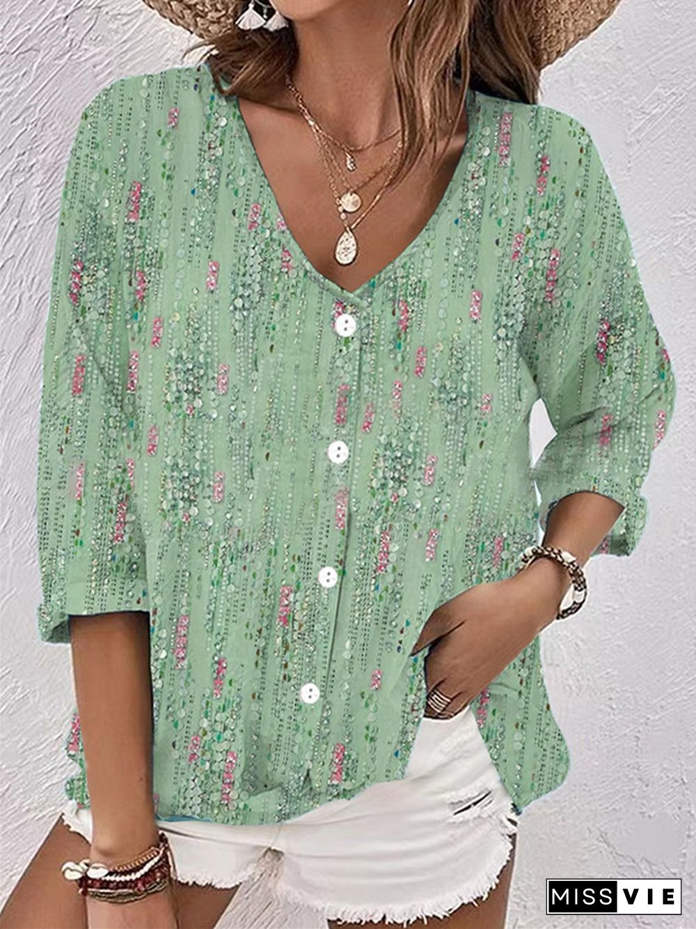 Long Sleeves Loose Buttoned Flower Print V-Neck Blouses&Shirts Tops