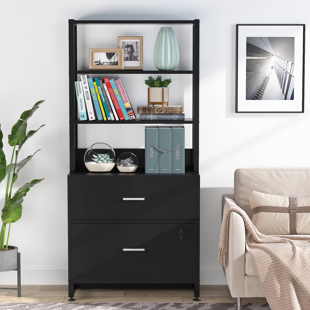 Bookshelf Bookcase with Open Storage Shelves 2 Drawer