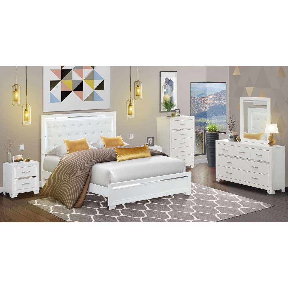 East West Furniture Pandora Wooden queen bedroom set with a queen bed frames White Finish(Pieces Option)