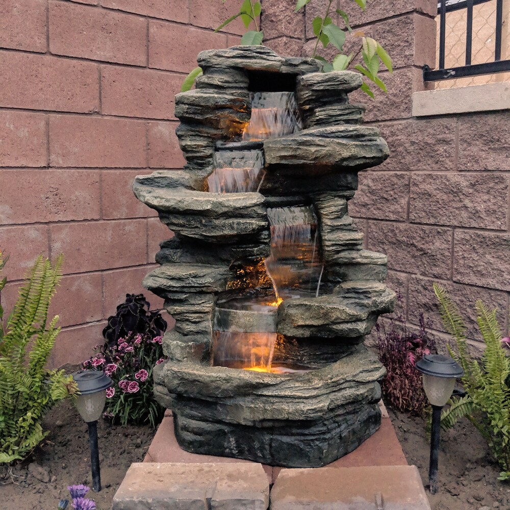 Stacked Shale Outdoor Water Fountain Backyard Feature w/ LEDs   38\