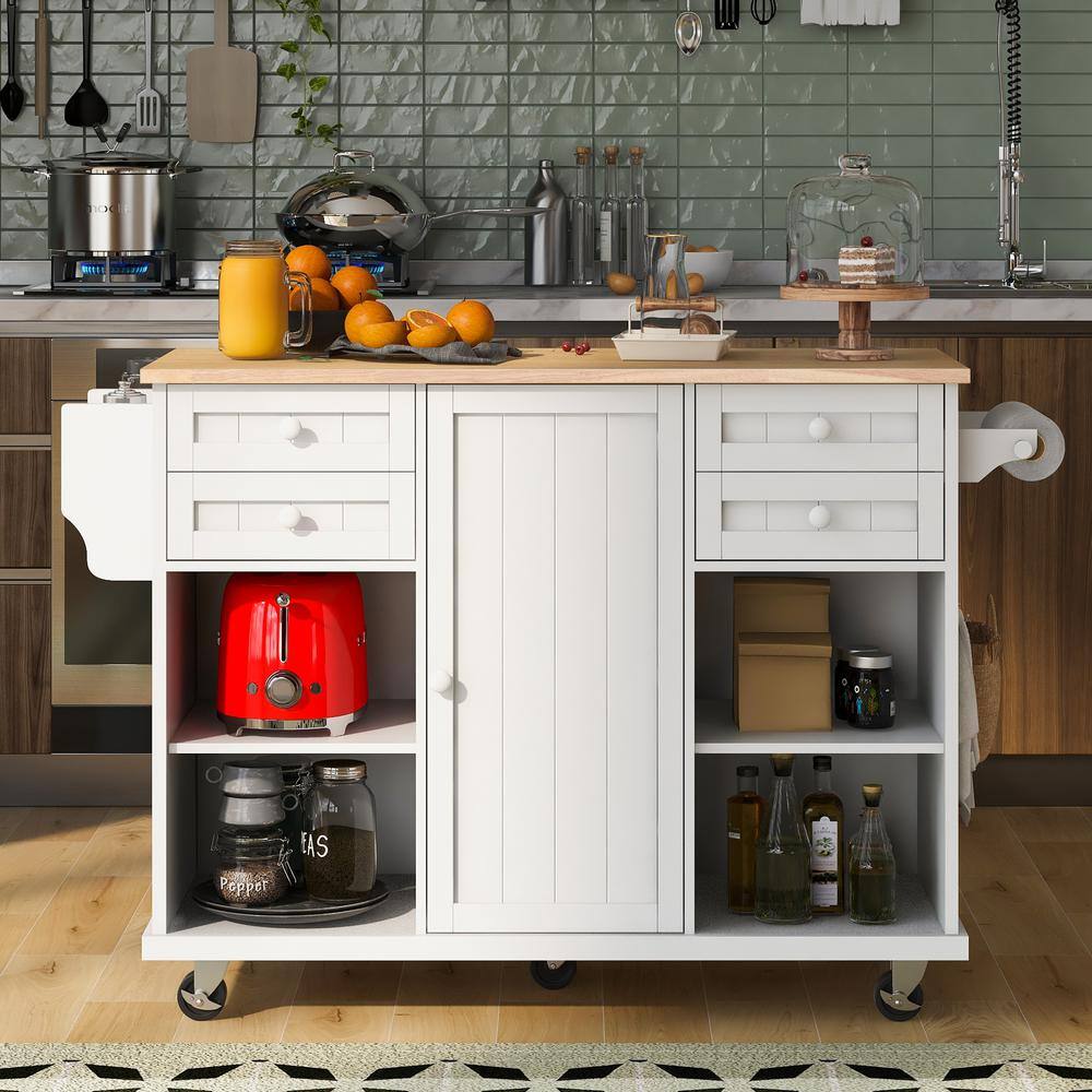 Tileon White MDF Kitchen Island with Rubber Wood Top Drawers Adjust Shelves Spice Rack and Hooks AYBSZHD2200