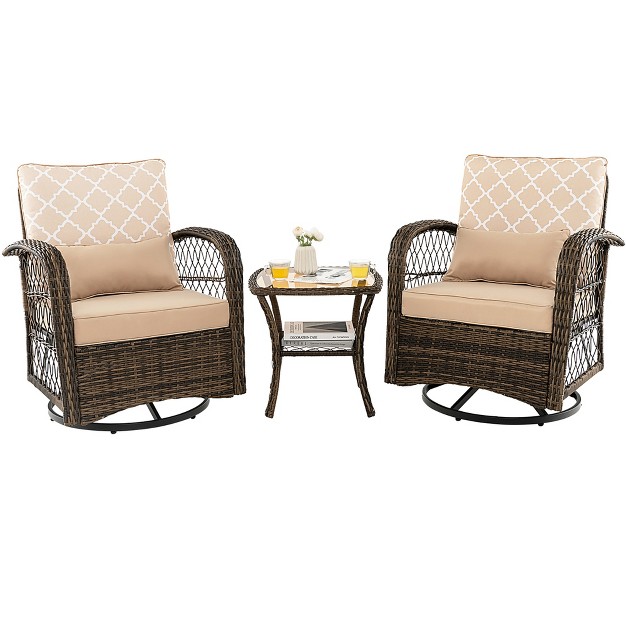 Costway Patio 3pcs Wicker Swivel Rocker Set 2 Rocking Chairs 360 Degrees With Coffee Table