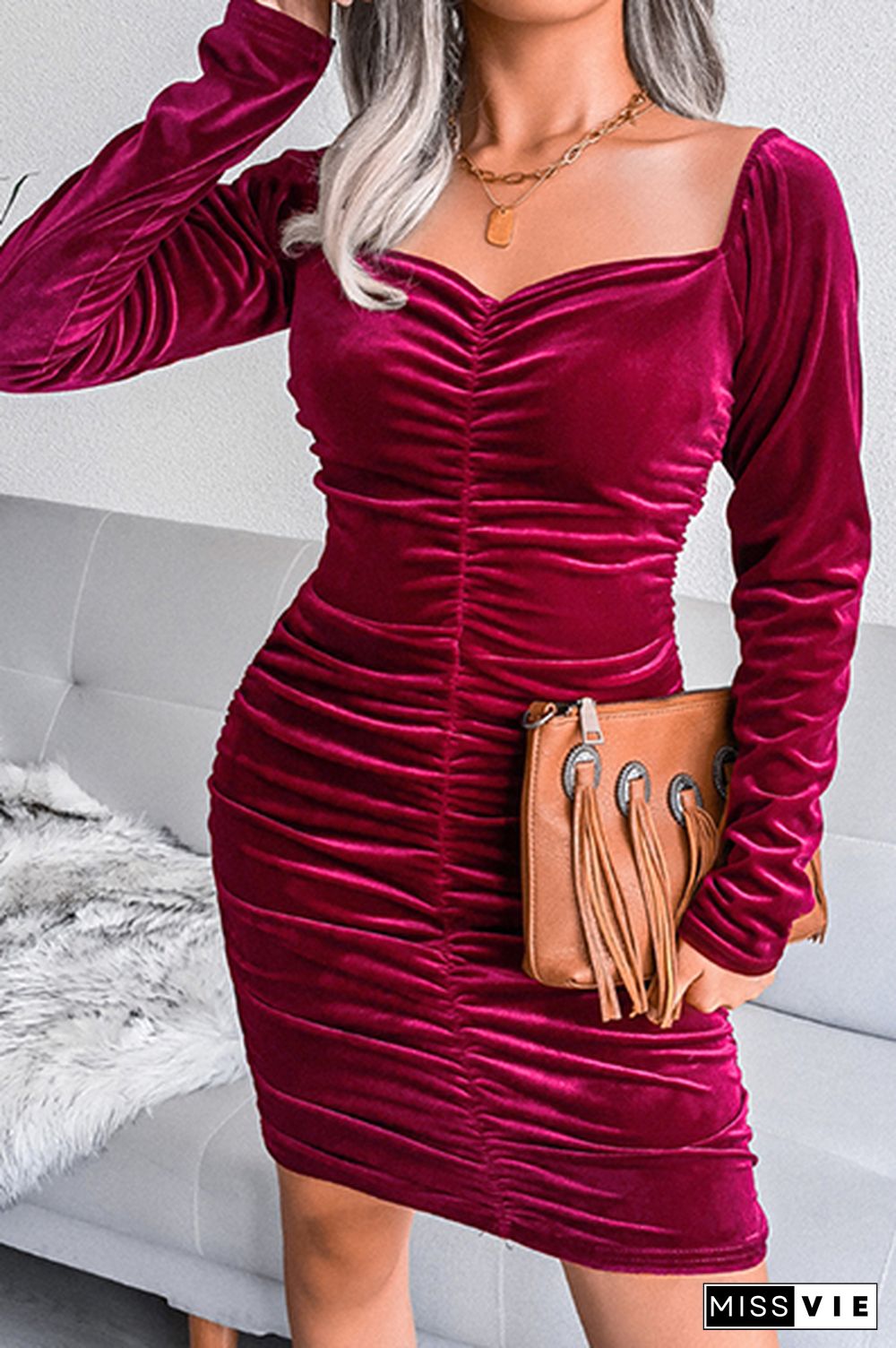 Fashion Elegant Solid Split Joint Fold Square Collar Pencil Skirt Dresses