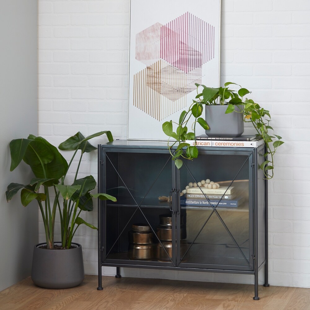 Black Metal Geometric Cabinet with Glass Front Panels