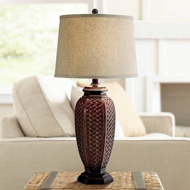 Tall Woven Wicker Pattern Beige Linen Drum Shade For Living Room Family Bedroom Bedside Nightstand