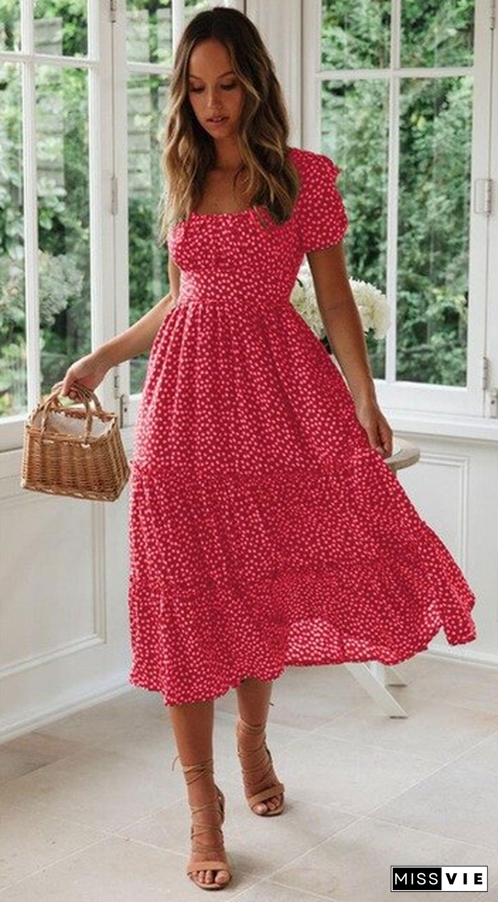 Sweet Dresses Casual Square Collar Floral Maxi Long Dress Print Puff Sleeve Summer Beach Dresses Length Sleeve Style Fabric Type