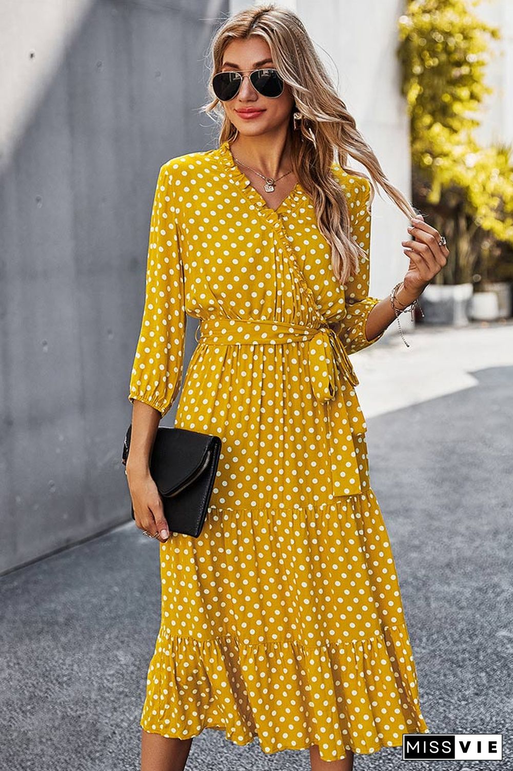 Classic Polka Dot Printed Gathered Waist  Midi Dress