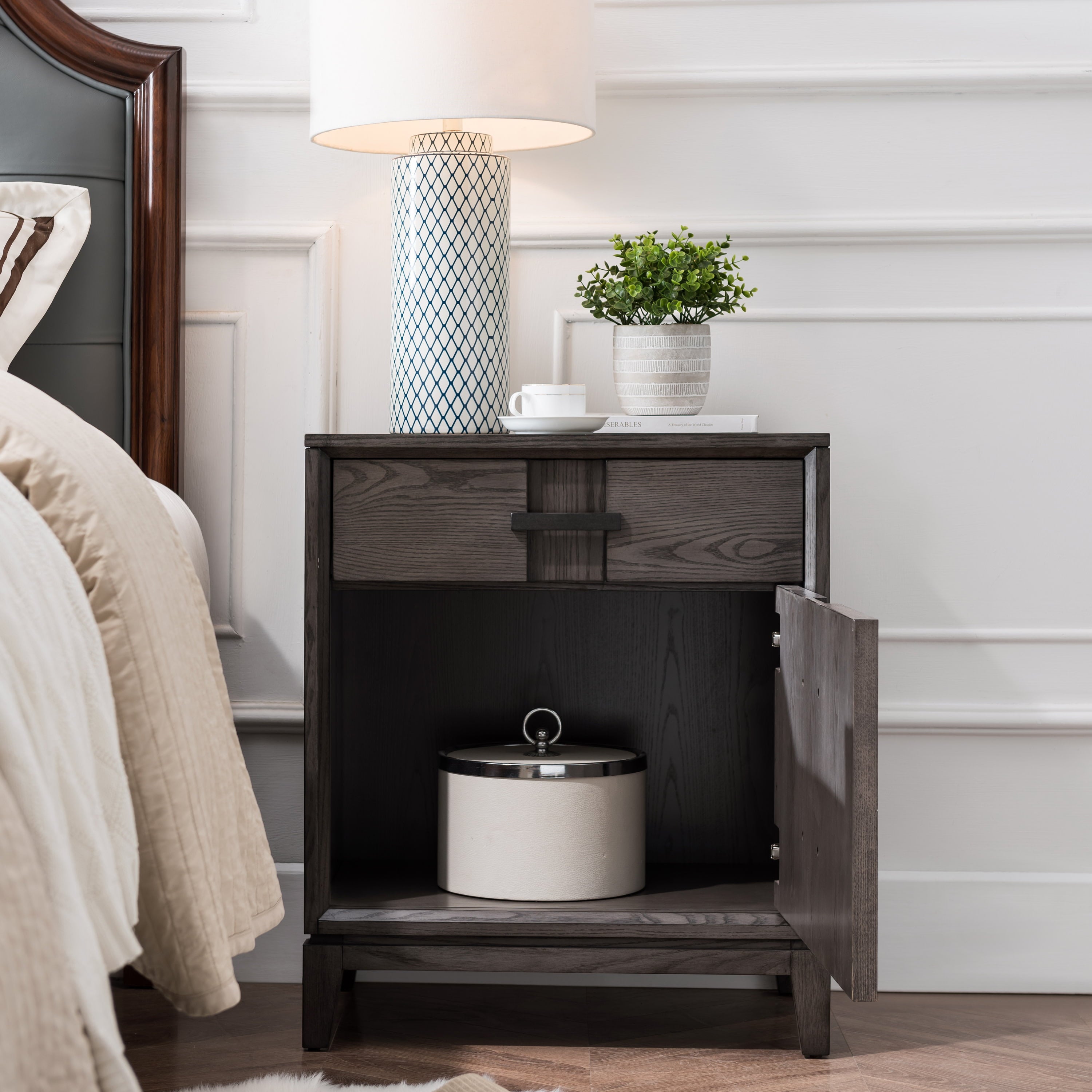 Design House Oak Recessed Design Side Table Cabinet with AC/USB in Smoke Gray