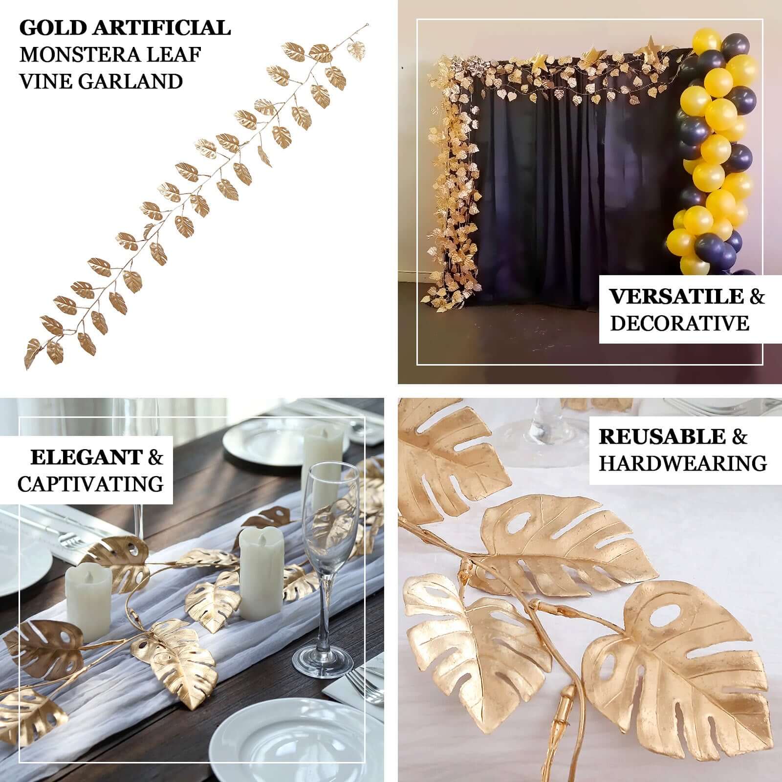 Metallic Gold Artificial Monstera Leaf Table Garland Plant, Faux Tropical Jungle Hanging Vine 7ft