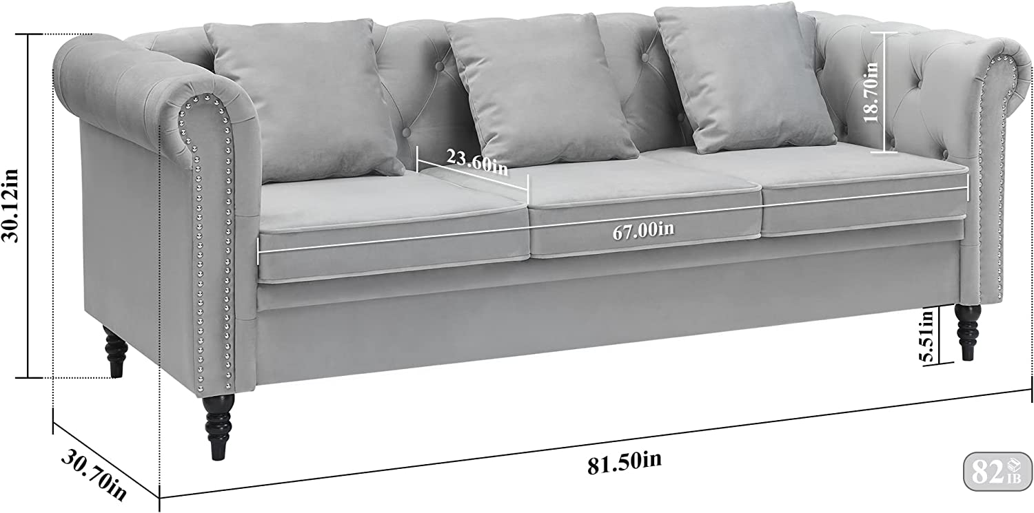 Kinmars Tufted Chesterfield Velvet 3 Seater Sofa, Large Sofa with Rolled Arms (Gray)