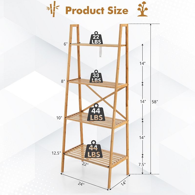 58 Inch 4-Tier Wicker Ladder Bookshelf-Natural