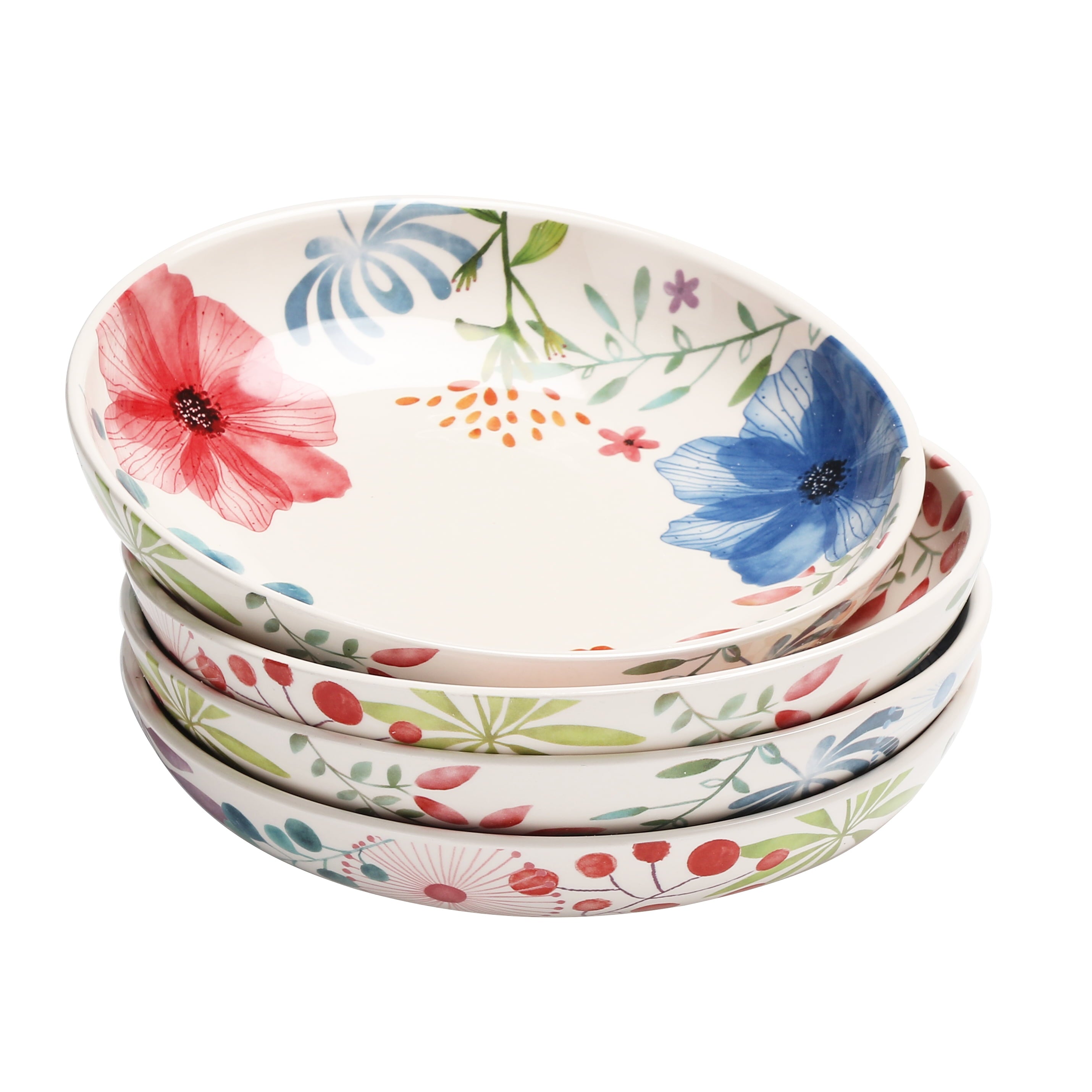 Bico Flower Carnival Ceramic 35oz Dinner Bowls， Set of 4， for Pasta， Salad， Cereal， Soup and Microwave and Dishwasher Safe