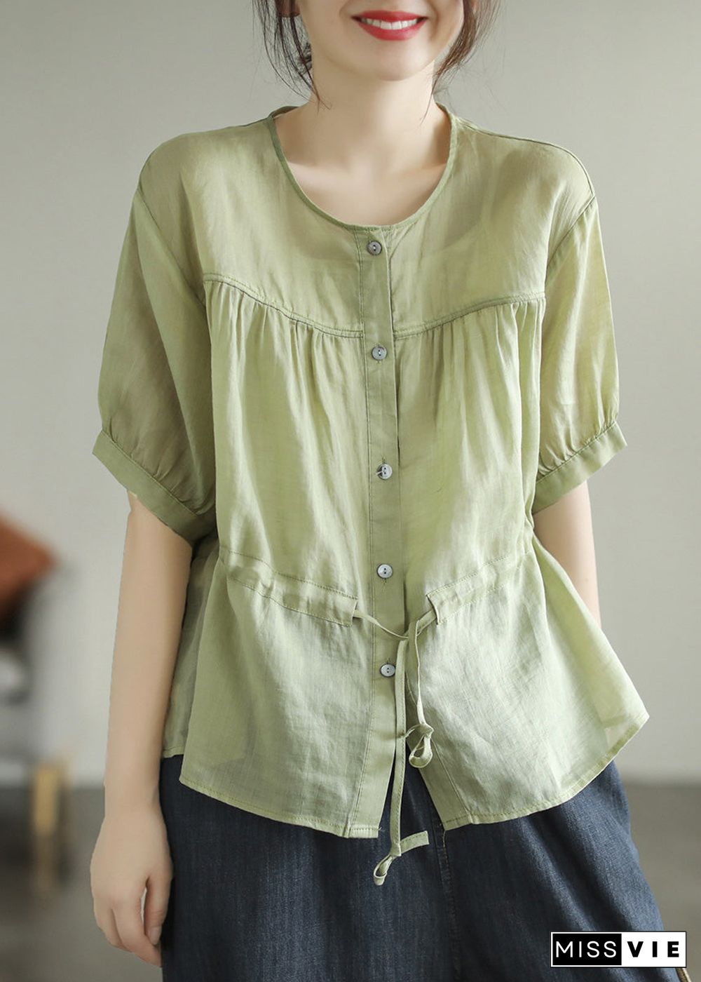 Chic Green O-Neck Patchwork Wrinkled Tie Waist Solid Ramie Shirt Short Sleeve