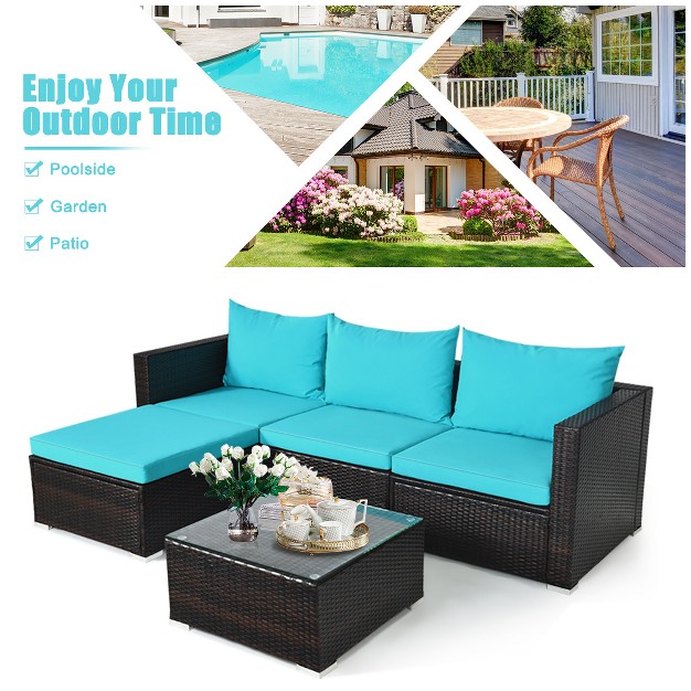 Costway 5pcs Patio Furniture Set Sectional Conversation Sofa Set W Coffee Table Blue