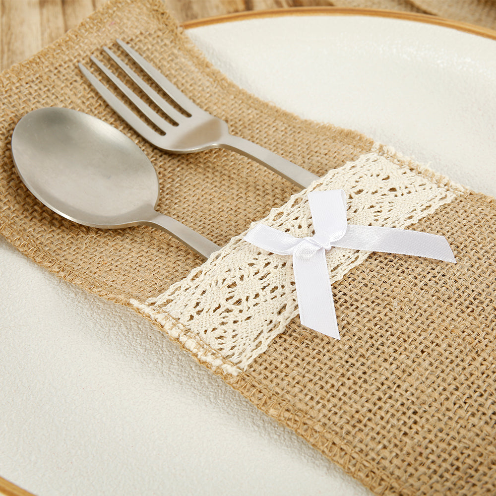 Willstar 20 Pcs Burlap Cutlery Holder Natural Hessian Lace Utensil Holders Jute Lace Knife Forks Pocket Bags Vintage Tableware Cover for Wedding Party Christmas Table Setting Decorations