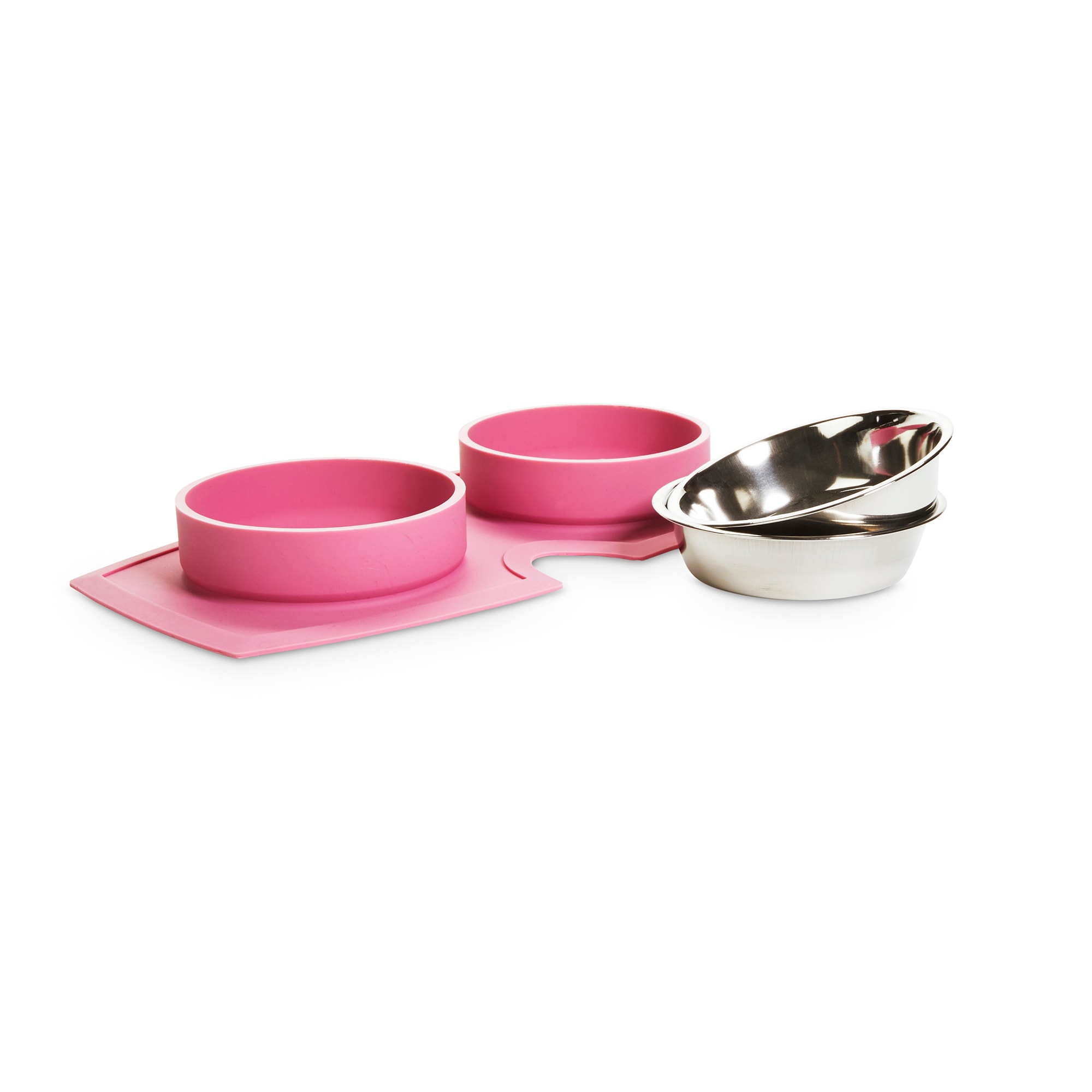 EveryYay Better Together Pink Silicone Double Diner with Stainless-Steel Bowls for Dogs， 2 Cups