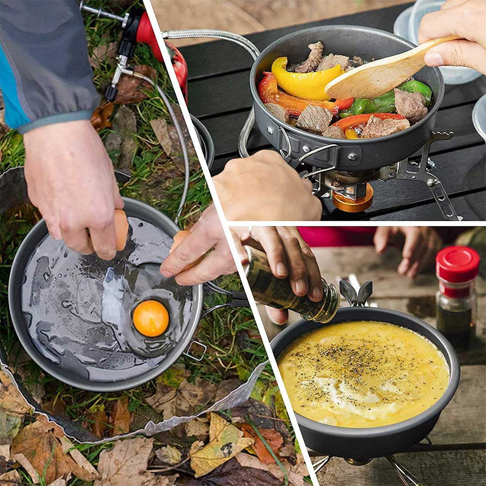 Camping Cookware Set,9Pcs 1-2 Person Campfire Kettle Outdoor Cooking Mess Kit Pots Pan for Backpacking Hiking Picnic Fishing with Spork Knife Spoon,Gray