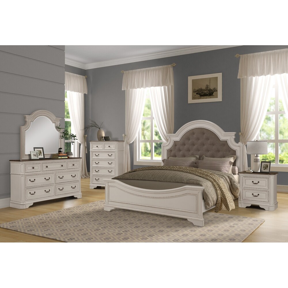 Roundhill Furniture Laval Antique 5 Piece White and Oak Wood Bedroom Set