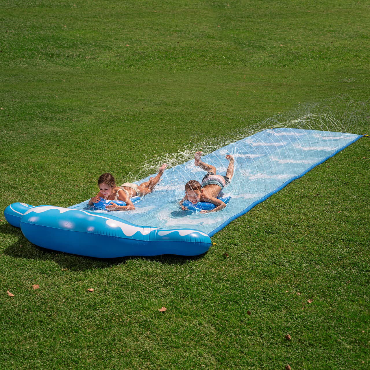 Sloosh 20ft Water Slip Water Slide 2 Person Blue Wave Water Slides with 2 Boogie Boards Backyard Outdoor Waterslide 2 Sliding Racing Lanes with Sprinklers Summer Toy 20ft