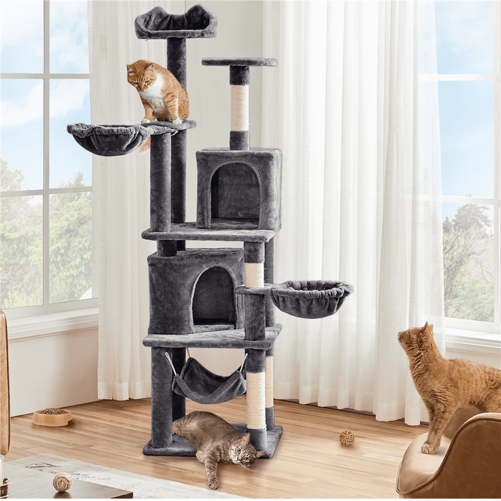 SMILE MART 69-inch Multilevel Cat Tree Towers with Double Condo for Cats Kittens， Dark Gray