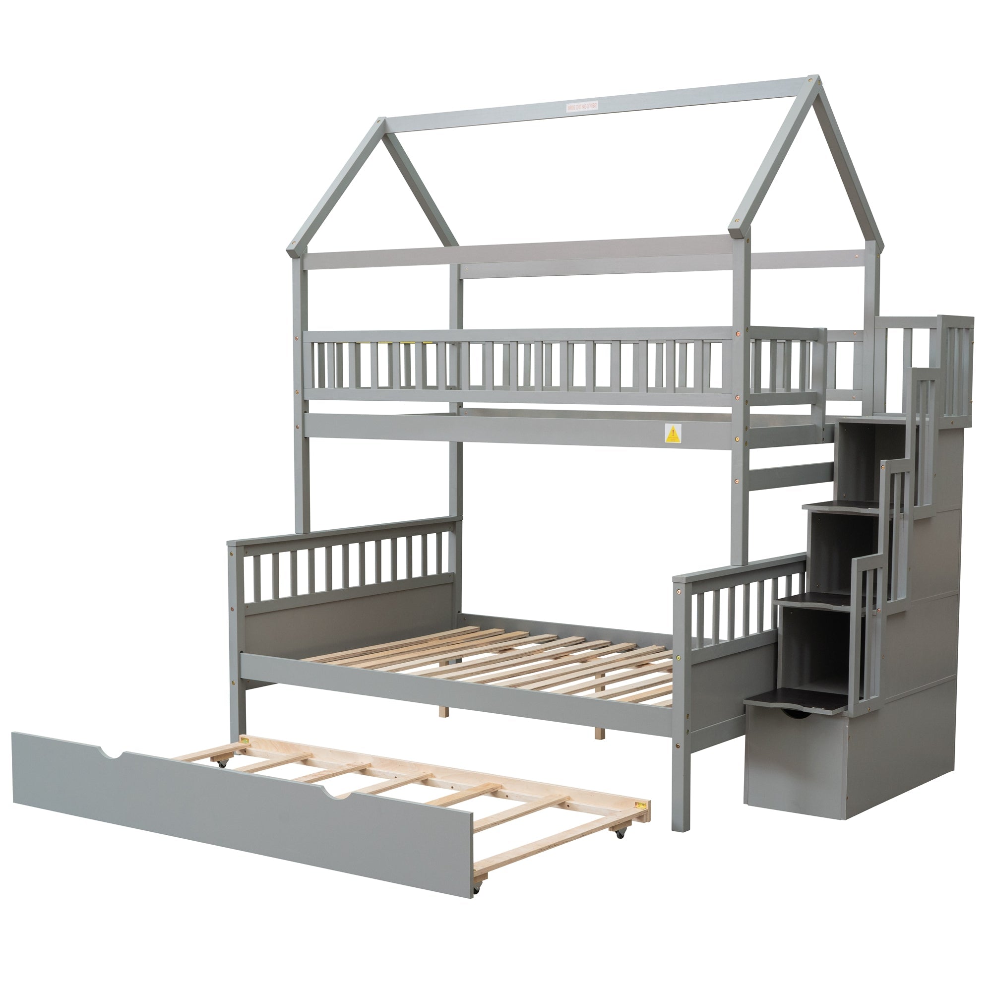 EUROCO Twin over Full House Bunk Bed with Trundle for Kids, Gray