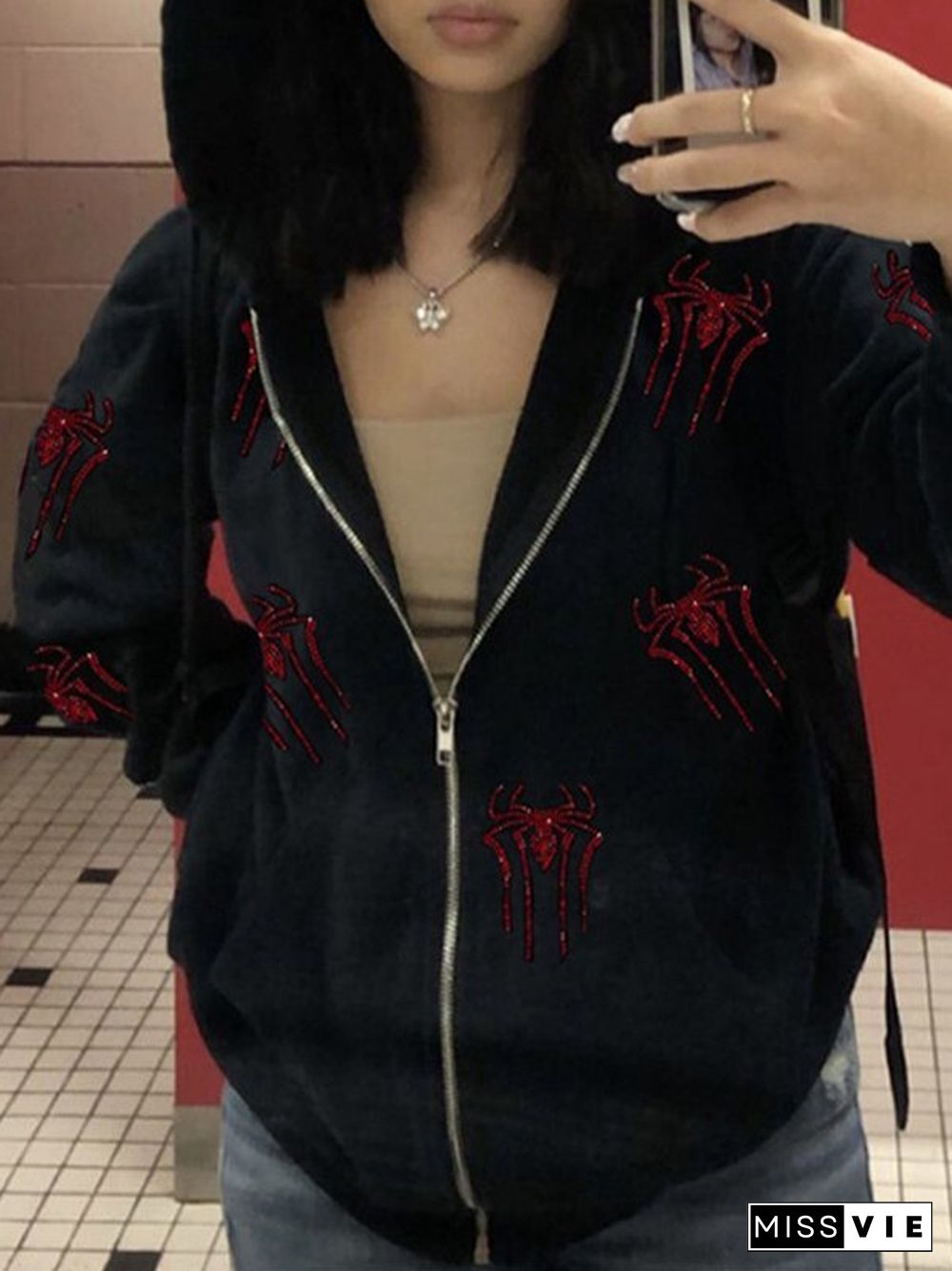 Rhinestone Spider Zip Up Hoodie