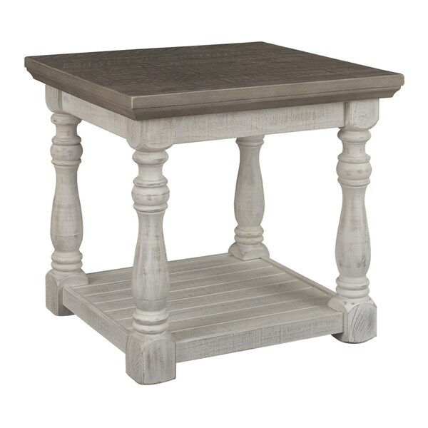 Plank Style End Table with Turned Legs and Open Shelf， White and Gray