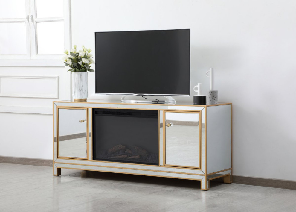 Jesse 60 quotMirrored TV Stand With Wood Fireplace   Contemporary   Entertainment Centers And Tv Stands   by Elegant Furniture  ampLighting  Houzz