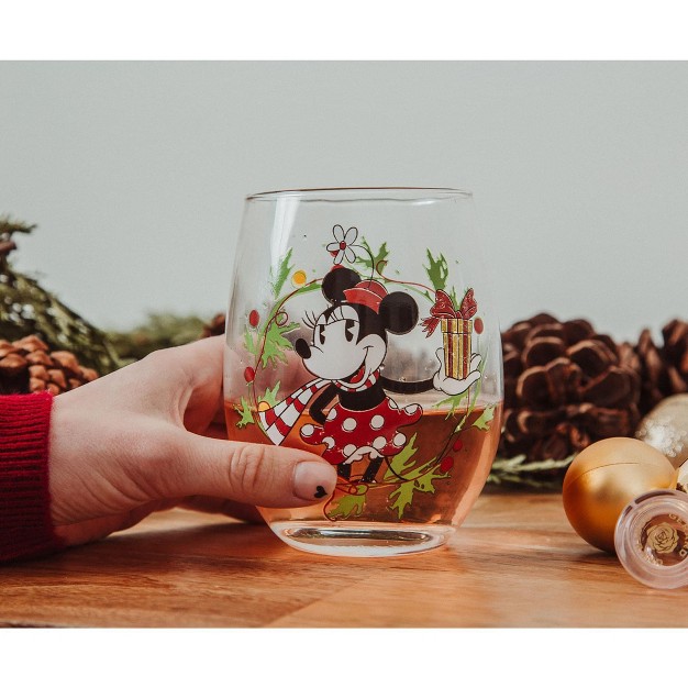 Silver Buffalo Disney Minnie Mouse Christmas Wreath Stemless Wine Glass Holds 20 Ounces