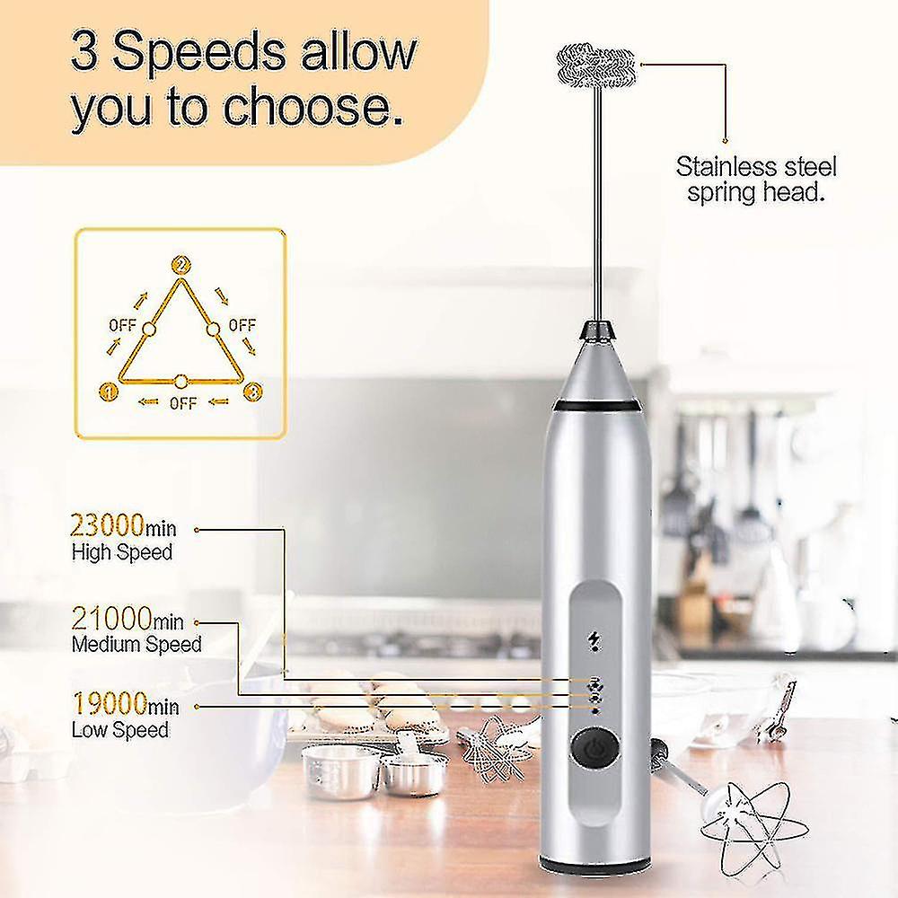 Whisk Milk Frother Handheld， Usb Rechargeable Electric Foam Maker For Coffee， 3 Speeds Mini Milk Foamer Drink Mixer With 2 Whisks