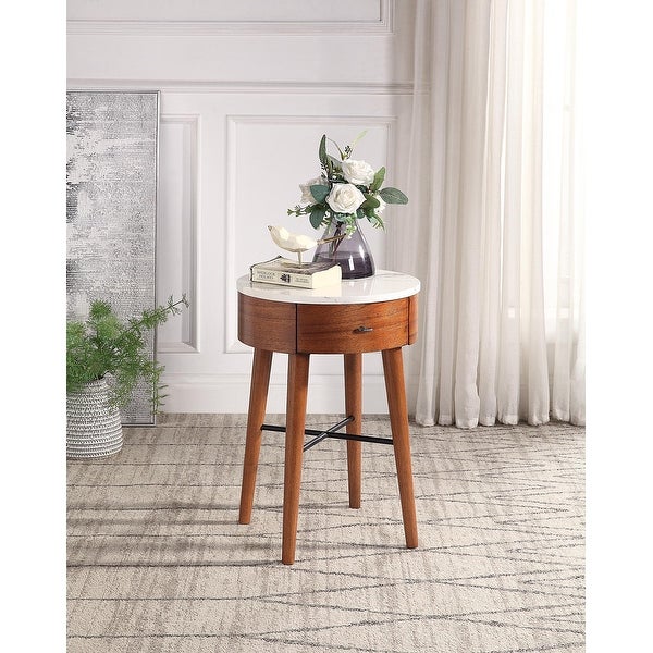 Walnut Finish with Faux Marble and Drawer Shelf Living Room Furniture Round Side Table for Den， Bedroom， or Living Room