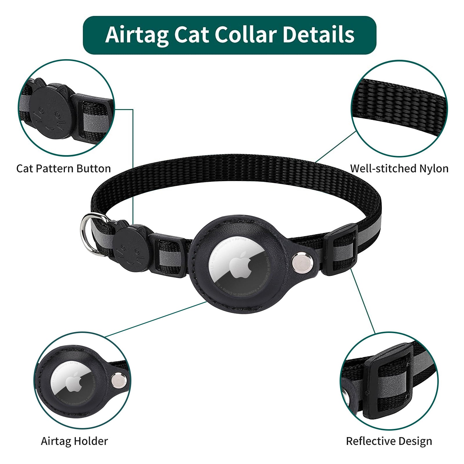 Airtag Cat Collar Breakaway， Reflective Kitten Collar with Apple Air Tag Holder and Bell for Girl Boy Cats， 0.4 Inches in Width and Lightweight