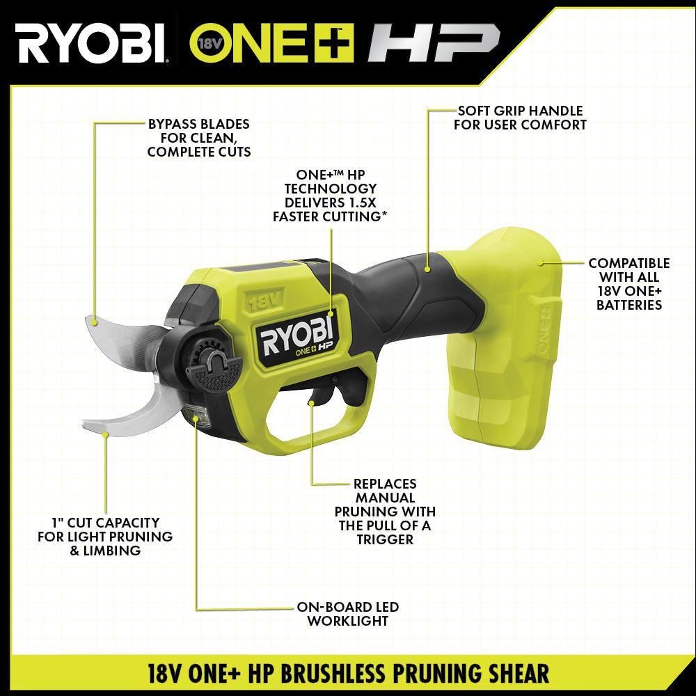 RYOBI ONE HP 18V Brushless Cordless Pruner and Cordless Pruning Reciprocating Saw with 20 Ah Battery and Charger