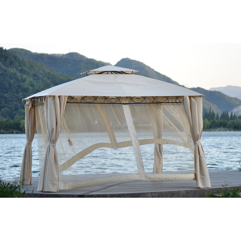 Outdoor Garden Patio Gazebo with 2 Tiered Canopy and Folding Curtains