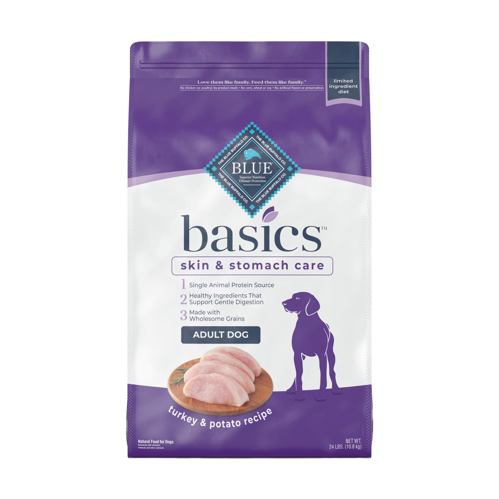 Blue Buffalo Blue Basics Skin  Stomach Care Natural Adult Turkey  Potato Dry Dog Food， 24 lbs.