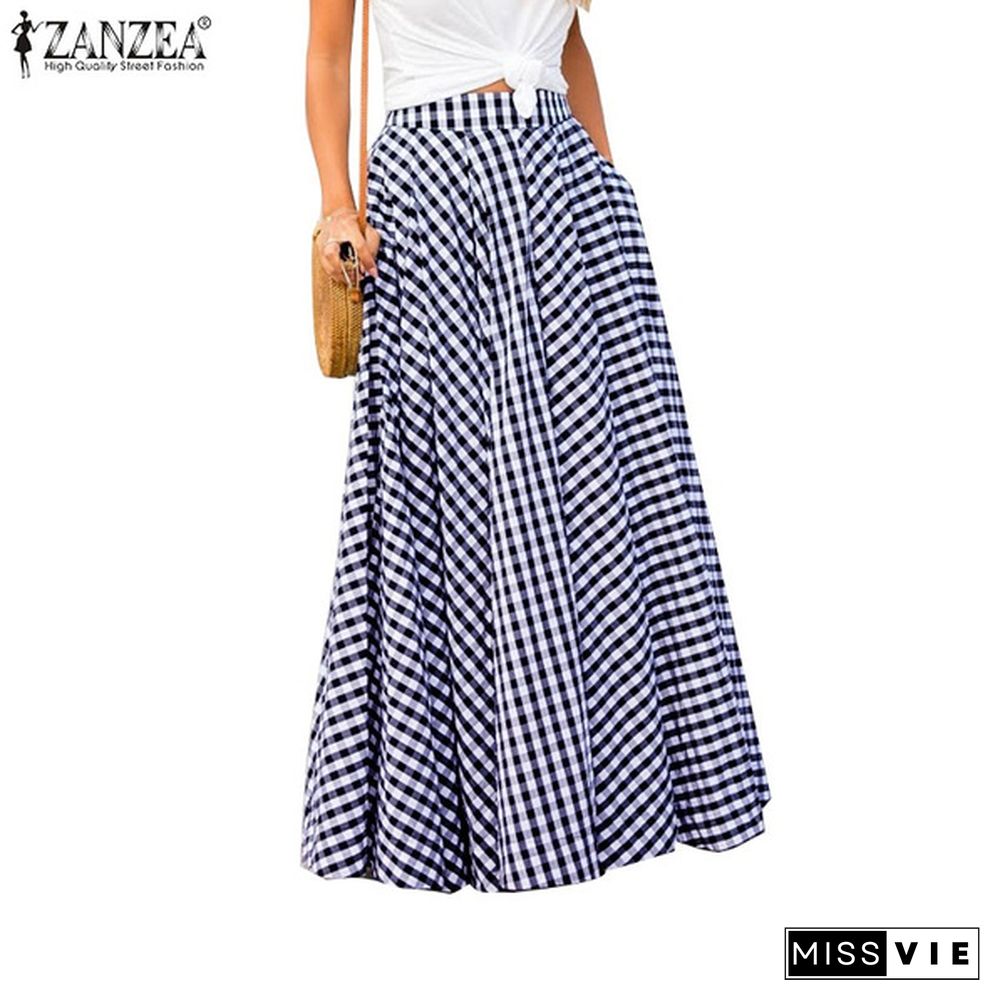 Zanzea Womens A-Line Plaid Summer Pockets Long Skirts Gonna Donna