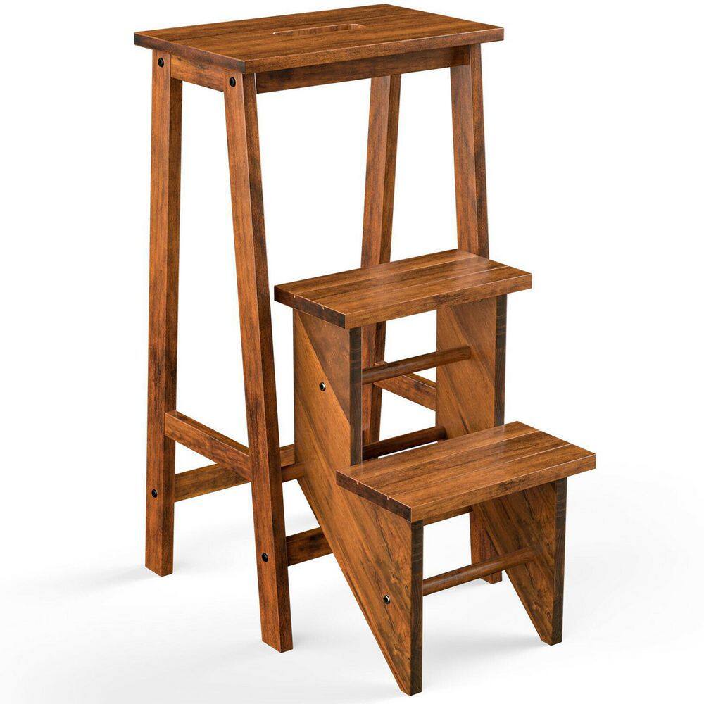 WELLFOR 3-in-1 3-Step Rubber Wood Folding Step Stool 200 lbs. with Convenient Handle in Natural JV10235-HGY-CF