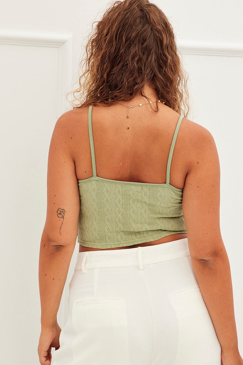 Green Crop Top Shoestring Strap Textured Jersey