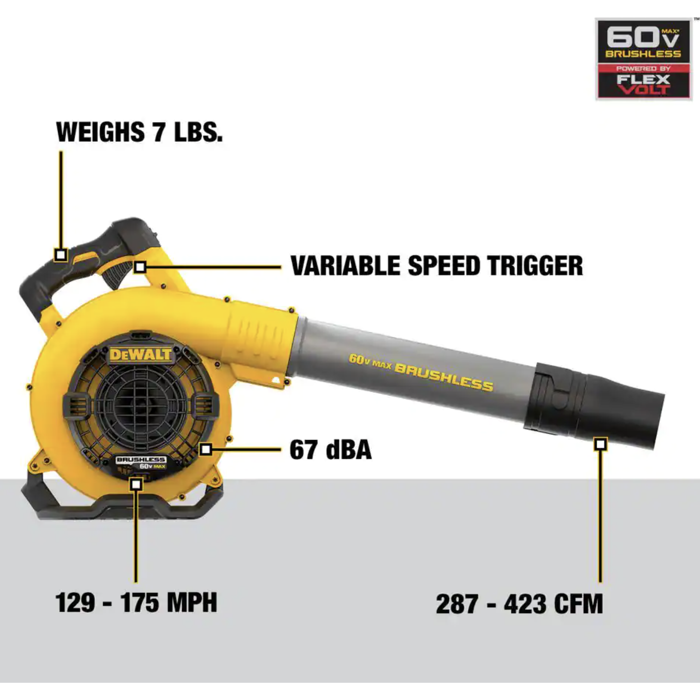 Dewalt DCBL770B 60V Max 129MPH 423CFM Brushless Cordless Battery Powered Handheld Leaf Blower (Tool Only)