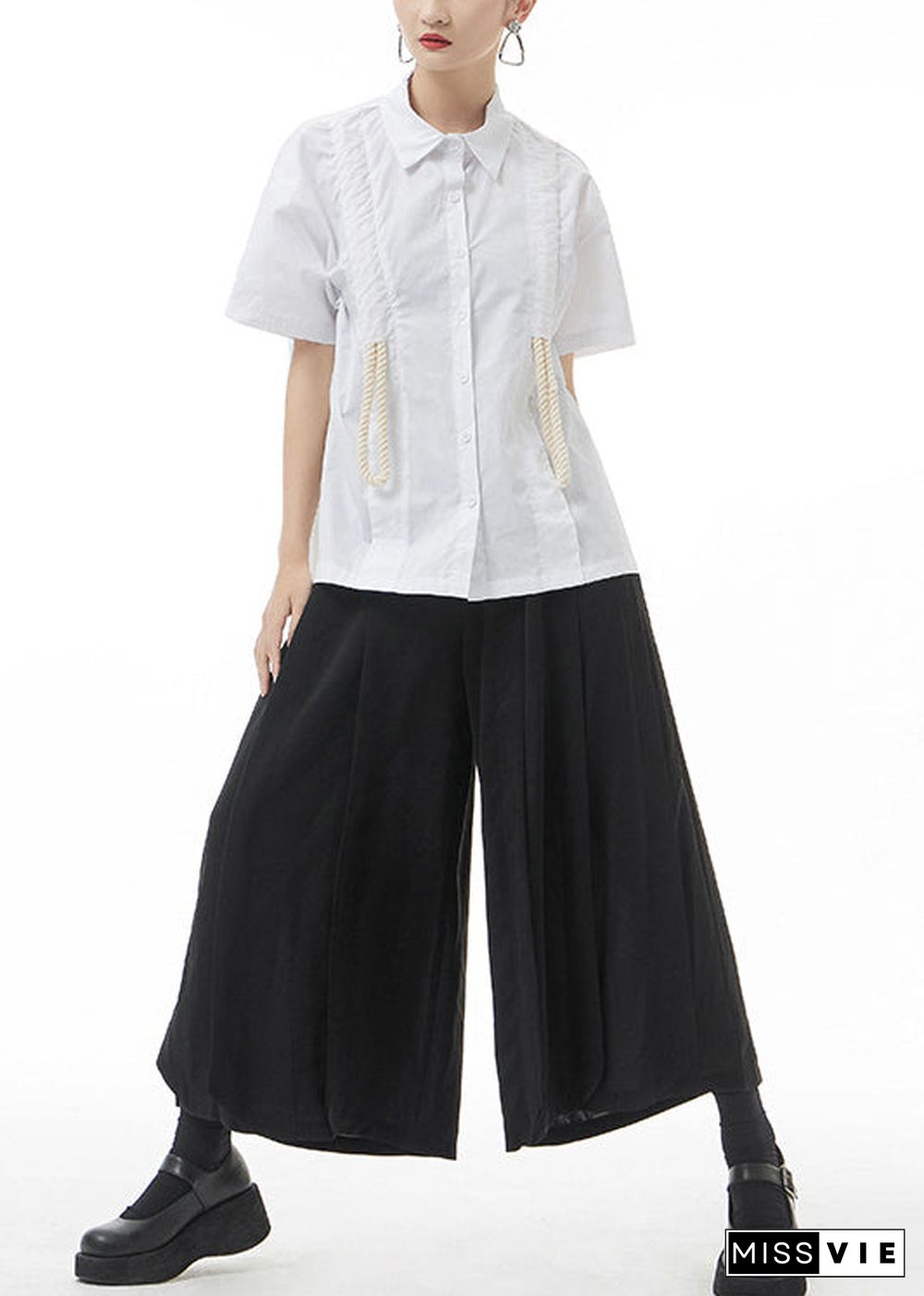 White Baggy Cotton Shirt Top Drawstring Short Sleeve