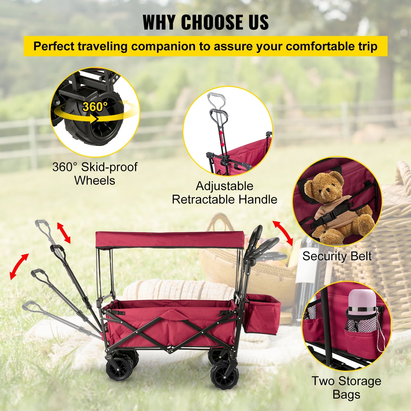 VEVORbrand Collapsible Wagon Cart Red, Foldable Wagon Cart Removable Canopy 601D Oxford Cloth, Collapsible Wagon Oversized Wheels, Portable Folding Wagon Adjustable Handles, Beach, Garden, Sports