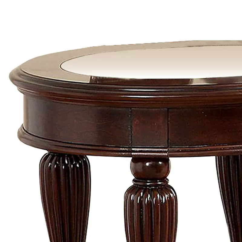 Round Wooden End Table with Ribbed Pillar Legs， Brown