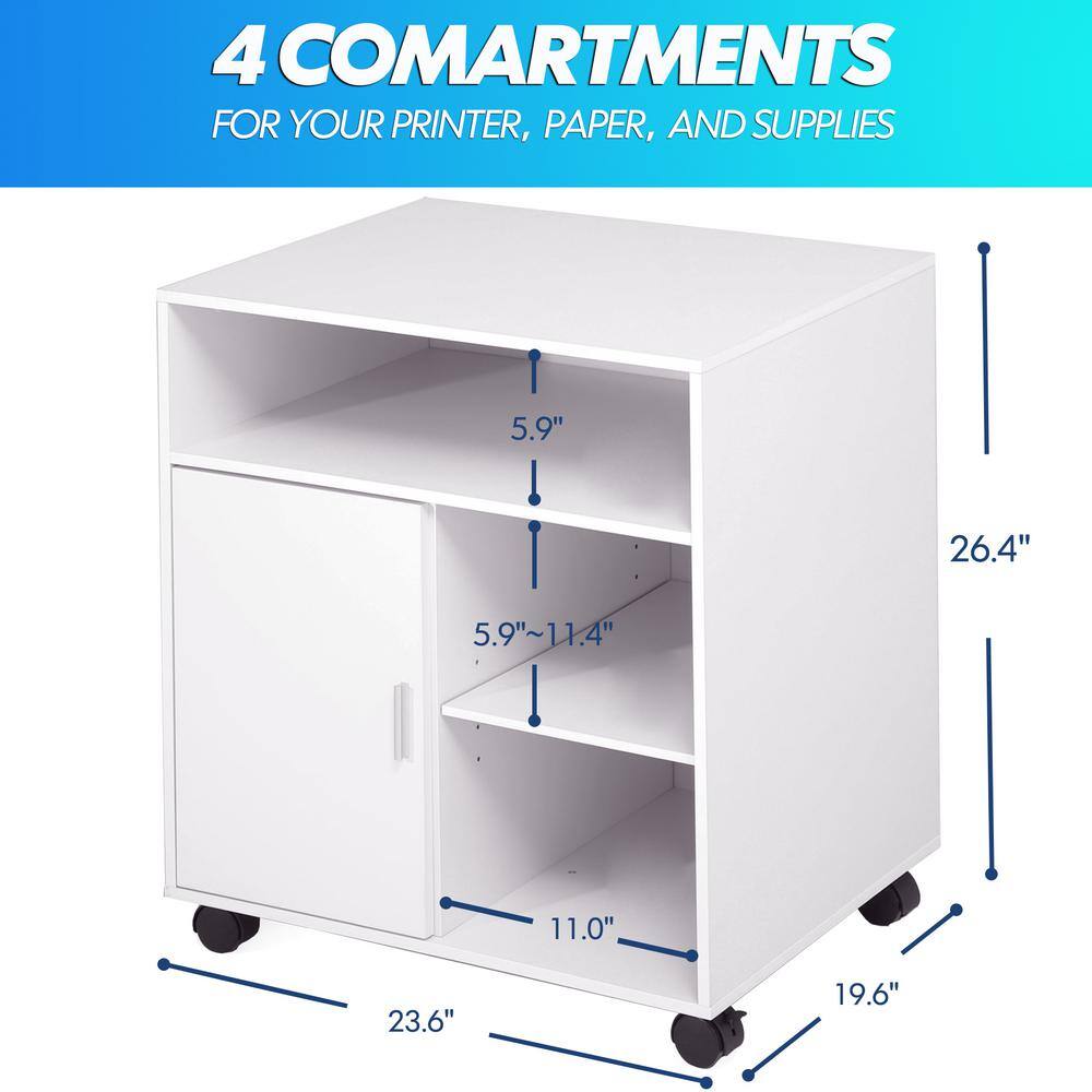 FITUEYES White Office Filing Cabinet with Door Wood Mobile Printer Stand on Wheels for Storing File Folders FPS406005WW-HD