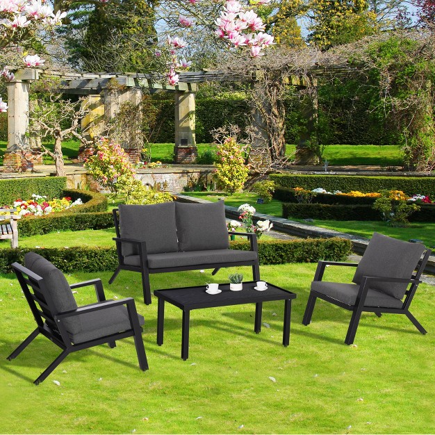 Outsunny 4 Piece Patio Furniture Set Outdoor Conversation Set W Armchairs Loveseat Coffee Table And Cushions For Backyard Poolside Lawn